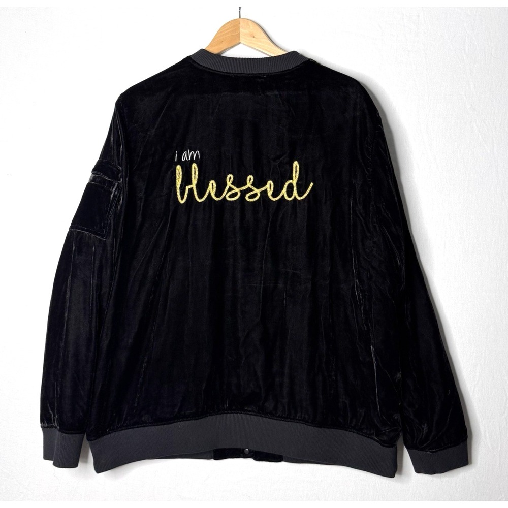 Peace Love World Black Velvet Bomber‎ Jacket Sz XL Blessed Grateful Affirmation